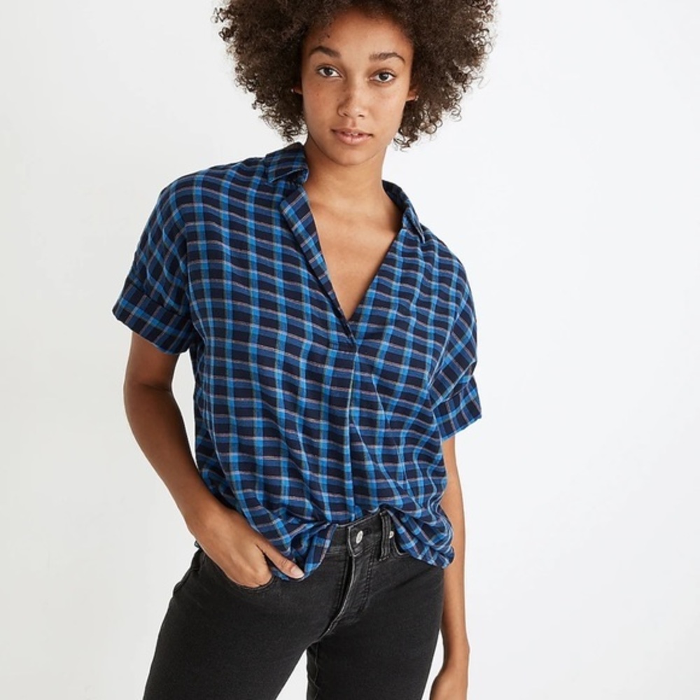 Madewell Double Faced Park Popover Shirt oversized blue plaid  - Sz S